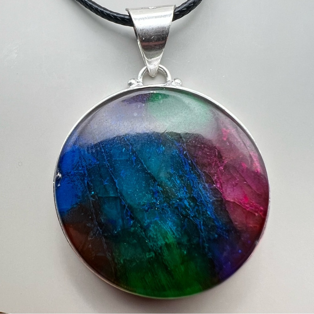 New Color Enhanced Labradorite Round Silver Overlay Pendant Necklace with Cord